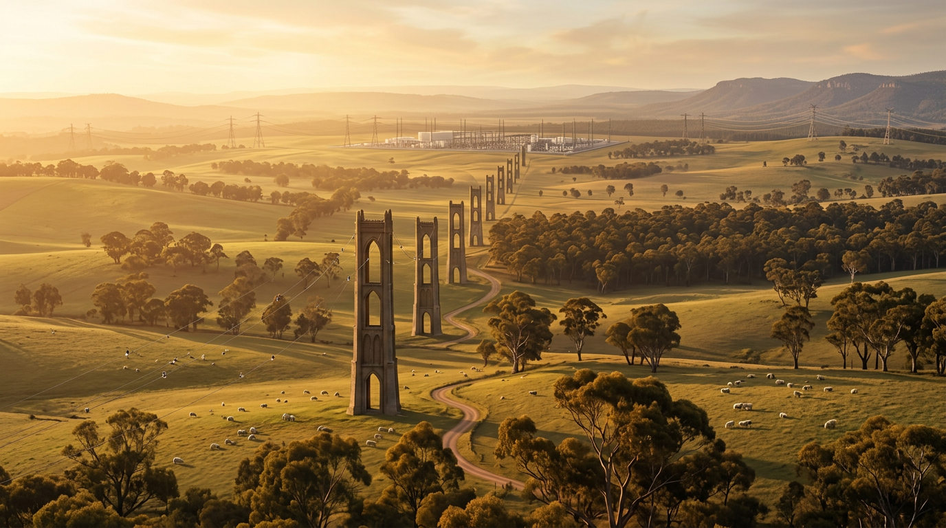 Ansible towers receding through Australian pastoral landscape, golden hour