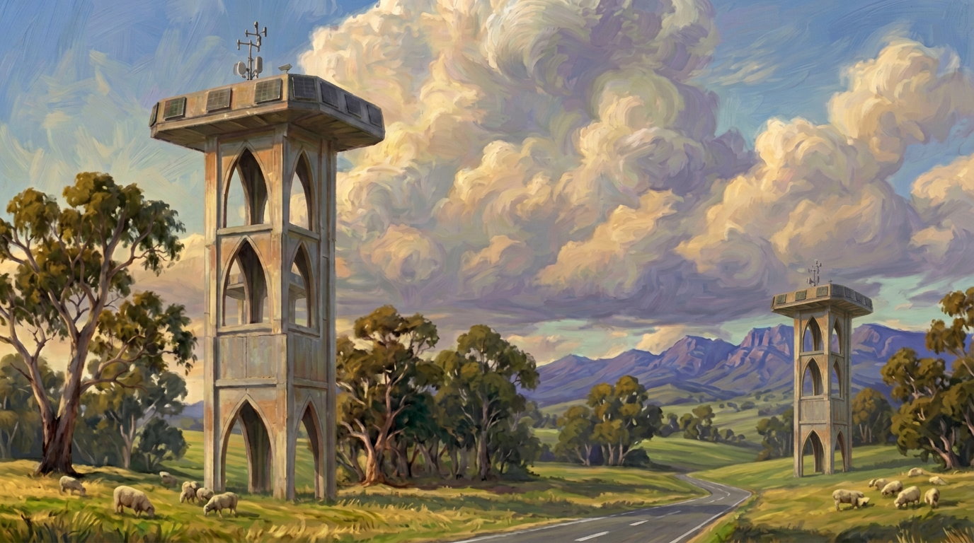 Two Ansible Smart Towers in pastoral Australian landscape with Flinders Ranges in the distance